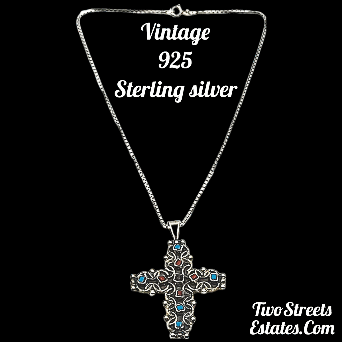 Vintage 925 Sterling Turquoise & Coral Cross Pendant (w) Box Chain