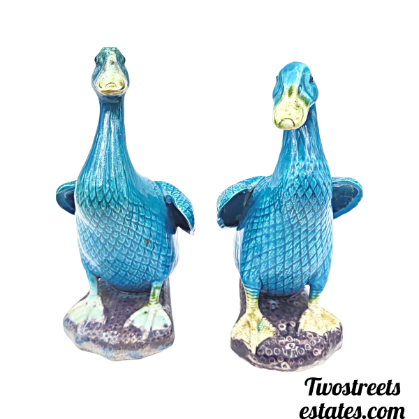 Vintage Porcelain Turquoise Blue Chinese Duck / Goose Figurine (Set of Two)