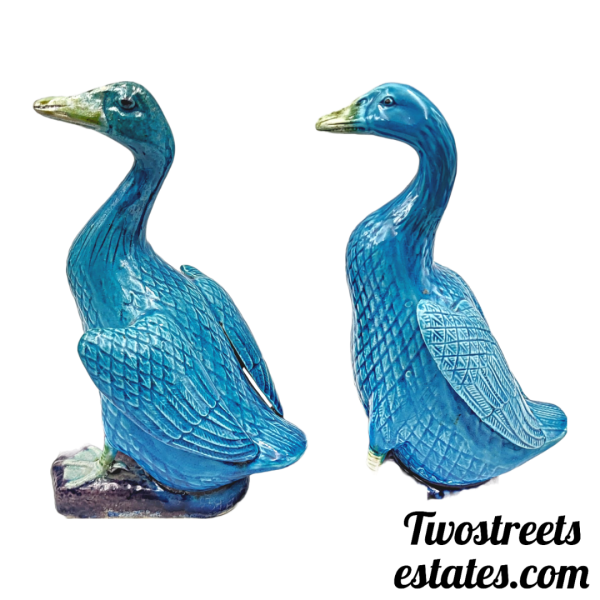 Vintage Porcelain Turquoise Blue Chinese Duck / Goose Figurine (Set of Two) - Image 2