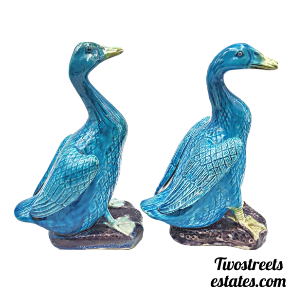 Vintage Porcelain Turquoise Blue Chinese Duck / Goose Figurine (Set of Two) - Image 4