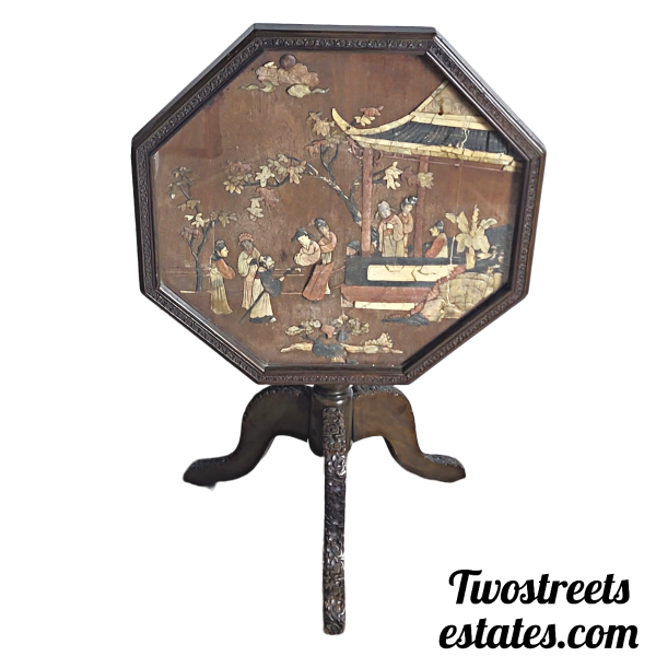 Late 1800s Hand Carved Chinese Chinoiserie Tilt Top Table With Stone Underlayment and Glass Top - (Set of Two) - Image 2