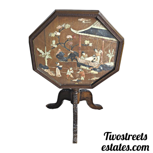 Late 1800s Hand Carved Chinese Chinoiserie Tilt Top Table With Stone Underlayment and Glass Top - (Set of Two) - Image 6