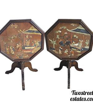 Late 1800s Hand Carved Chinese Chinoiserie Tilt Top Table With Stone Underlayment and Glass Top - (Set of Two)