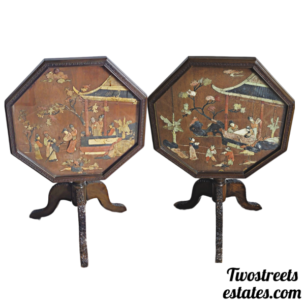 Late 1800s Hand Carved Chinese Chinoiserie Tilt Top Table With Stone Underlayment and Glass Top - (Set of Two)