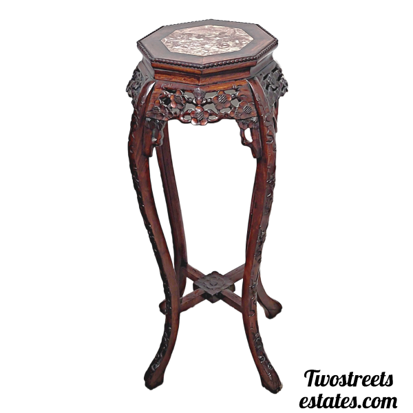 1990s Chinese Asian Design Carved Wood Marble Top Tall Plant Stand (Set of Two) - Image 2
