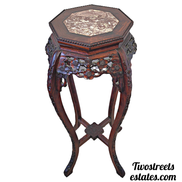 1990s Chinese Asian Design Carved Wood Marble Top Tall Plant Stand (Set of Two) - Image 3