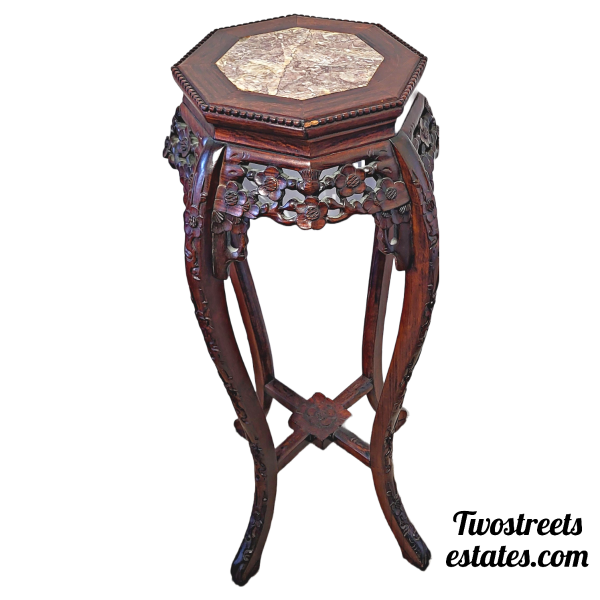 1990s Chinese Asian Design Carved Wood Marble Top Tall Plant Stand (Set of Two) - Image 4