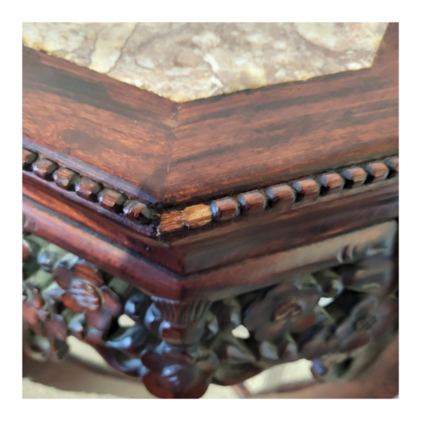1990s Chinese Asian Design Carved Wood Marble Top Tall Plant Stand (Set of Two) - Image 5