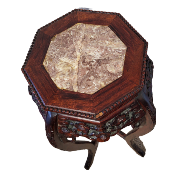 1990s Chinese Asian Design Carved Wood Marble Top Tall Plant Stand (Set of Two) - Image 7