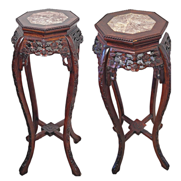 1990s Chinese Asian Design Carved Wood Marble Top Tall Plant Stand (Set of Two)